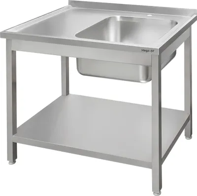 Zdjęcie produktu dla Gastronomiczny stół ze stali nierdzewnej przyścienny spawany ze zlewem po prawej stronie i z półką Mega-M 100x60x85 cm