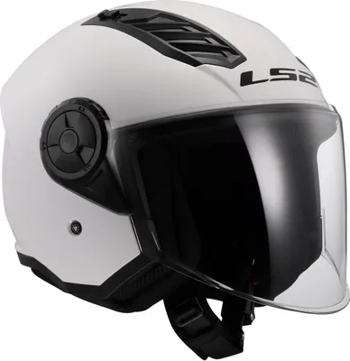 A white LS2 jet helmet with a clear visor.