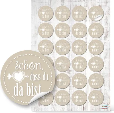 Produktbild von 48 kleine runde Aufkleber beige creme weiß shabby SCHÖN DASS DU DA BIST 4 cm selbstklebende Sticker für Hochzeit Taufe Kommunion Geburtstag Gastgeschenke give-away Deko Feste Geschenke Präsente96 Aufkleber / 4 Bögen