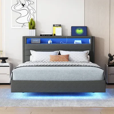 Zdjęcie produktu dla Łóżko tapicerowane Sweiko 140x200 cm z gniazdem USB i oświetleniem LED, odwracalne wezgłowie, ukryty podnóżek, podwójne płaskie łóżko, łóżko młodzieżowe, łóżko dla dorosłych, tkanina lniana szara