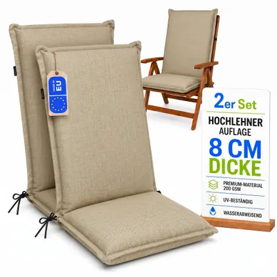 Produktbild von Pillows24 - 2x Hochlehner Auflagen 120x50x8 cm | Bequeme & Wetterfeste Gartenstuhlauflagen | Sitzkissen für Gartenmöbel | EU | Cappuccino