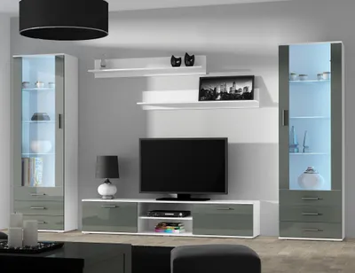 Produktbild von Furniture24 Wohnwand SOHO 4 mit Blauer LED Beleuchtung, Anbauwand, Wohnzimmerschrank, Schrankwand, Vitrine, Lowboard, Hängeregal Weiß/Grau Hochglanz