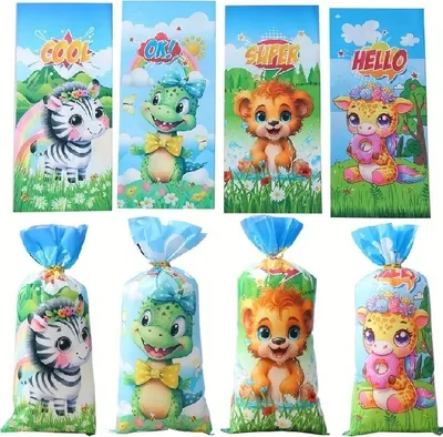 Produktbild von GKA 10 Stück XL Ganzjahres Safari Cartoon Cellophantüten G3 Geschenktüten Plätzchen Kekse Gebäck Süßigkeiten Bonbon Pralinen Geschenke 28cm Tüte