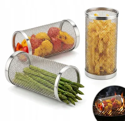 Produktbild von Grillkorb Edelstahl 3er Set, rollbarer BBQ Grillkorb rund 20 cm, Grillrolle für Gemüse, Pommes & Fisch, rostfrei & spülmaschinenfest