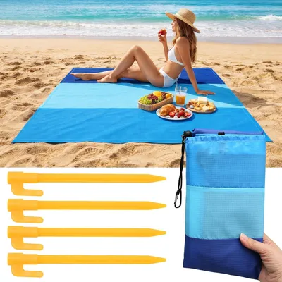 Produktbild von Strandmatte 210 x 200 cm, wasserdicht, für Strand, sandfrei, mit Heringen und Tasche