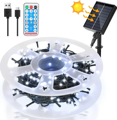 Obrázek produktu pro Izrielar LED solární pohádková světla 50M 500LEDs vodotěsné a s 8 režimy pro venkovní vnitřní zahradní párty a vánoční dekorace venkovní osvětlení dekorace, studená bílá
