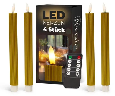 Produktbild von Stabkerzen LED mit Timer GOLD 4 Stück indoor 6 Stunden - ECHTWACHS gerippt 23cm Höhe für Kerzen 2,2cm Durchmesser 2 AAA Batterien notwendig LED Stabkerzen flackernde Flamme bewegliche Flamme Licht