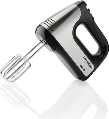A Hyundai hand mixer is shown in a studio shot with a white background and its reflection.