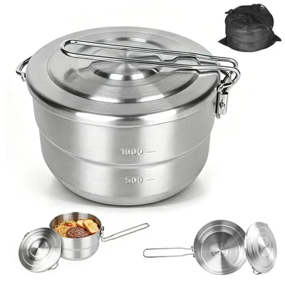 Immagine prodotto di Pentola da campeggio, 1,5 litri, in acciaio inossidabile, con coperchio e manico pieghevole, ideale per cucinare all'aperto
