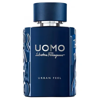 A product shot of a blue cologne bottle with silver text.