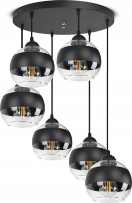A multi-pendant chandelier with six glass globes.