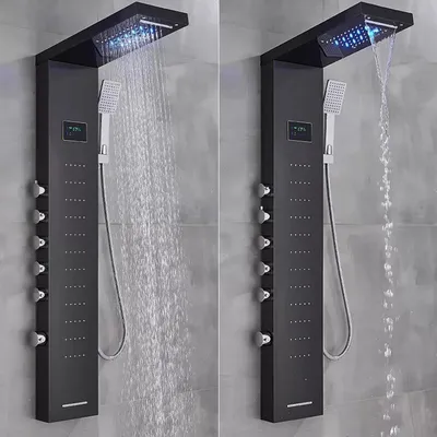 Produktbild von Linuode Duschpaneel, Edelstahl, Gebürstetes Nickel, Regendusche, Handbrause, Massage, LCD Temperaturanzeige, 150cm Duschschlauch, 1/2 Zoll Anschluss, 6-teilig