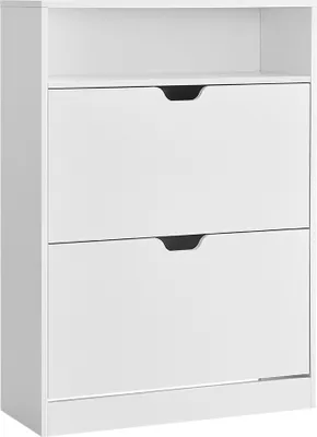 A white shoe cabinet with two flip-down drawers and a shelf above.