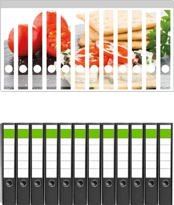 Produktbild von Wallario 12 Stück schmale Ordner inkl. Klebeetiketten mit Motive Frisches Knäckebrot mit Tomaten und Käse -  Set mit Rückenschildern / Ordnerrücken Stickern