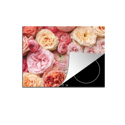 Produktbild von KitchenYeah© Herdabdeckplatte Blumen - Rosen - Rosa , 71x52cm, Küche Deko, Glaskeramikkochfeld Herdabdeckung, Abdeckplatte fùr Kochfeld