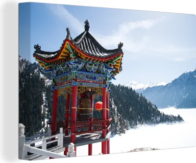 Produktbild von OneMillionCanvasses® - Leinwandbilder - 140x90 cm, Chinesischer Pavillon mit Blick auf den himmlischen See in Urumqi, Wandbilder Kunstdruck Wanddekoration - Foto auf Leinwand -
