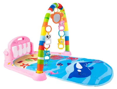 Produktbild von Buxibo 3-in-1 Baby-/Kleinkind-Fitnessstudio – Klavier-Spielmatte für Babys – Musik-Spielmatte mit Ratsche und Spiegel – Ozeanrosa