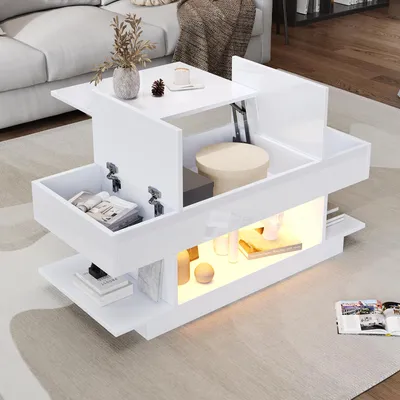 Produktbild von okwish Hochglanz-Couchtisch mit LED und Verstecktes Staufach,Sofatisch mit 2 Klappschränken,höhenverstellbarer Tischplatte,Weiß