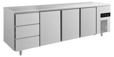 Produktbild von Gastro Kühltisch | Edelstahl | 3 Türen / 3 Schubladen | 2330 x 700 x 850 mm | -2 / +8 °C | 632 Liter