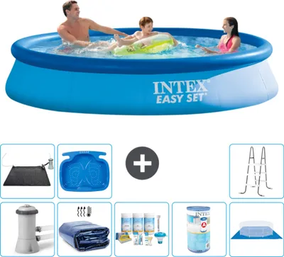 Produktbild von Intex runder aufblasbarer Easy Set-Schwimmpool – 366 x 76 cm – Blau – inklusive Pumpe Sonnensegel - Wartungspaket - Filter - Bodenplane - Solarmatte - Leiter