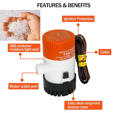 Immagine prodotto di Pompa di sentina sommergibile - 12 V - 750 GPH (2.839 l/h) - Adatta per imbarcazioni, yacht, camper e caravan