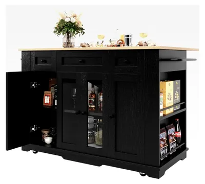 Produktbild von Kücheninsel mit Arbeitsplatte, mobiler Küchenwagen mit 4 Türen, 3 Schubladen, Gewürzregal, Handtuchhalter, Küchenschrank Buffetschrank Esszimmerwagen, 151,5x85 91,7 cm/Schwarz