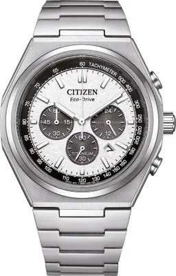A close-up studio shot of a Citizen Eco-Drive chronograph watch.