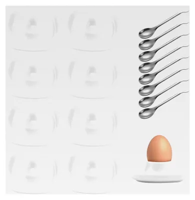 Produktbild von 8 Stück Eierbecher aus Porzellan mit 8 Edelstahllöffeln, quadratische Eierständer für hart- und weichgekochte Eier (Weiß)