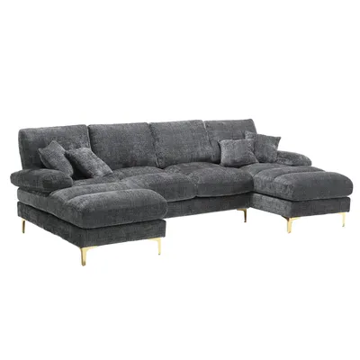 Produktbild von LVHOM Ecksofa U-Form, Sofagarnitur mit goldenen Metallbeine, Wohnlandschaft Couch Sofa Couchgarnitur Eckgarnitur, 4 Sitzer, 272x88x136 cm, Grau