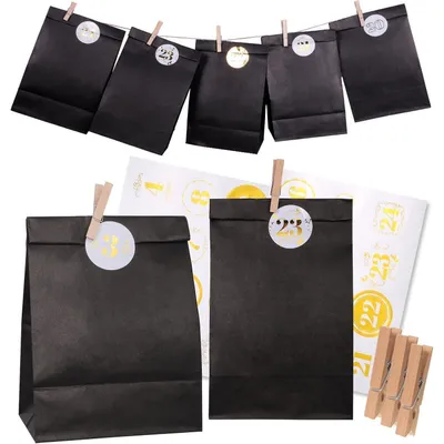 Produktbild von Adventskalender Befüllen Papiertüten Schwarz Zahlenaufkleber Holzklammern DIY