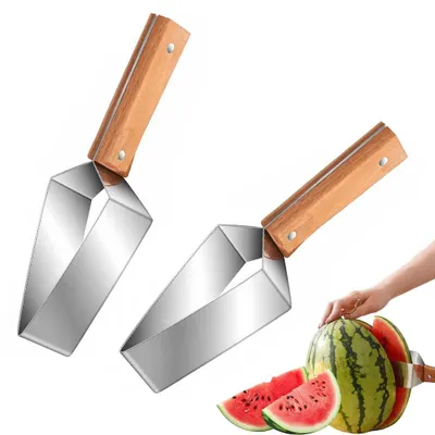 Produktbild von Wassermelonenschneider - 2 Stück Edelstahl mit Holzgriff - Multifunktionaler Obstschneider für Küche und Camping