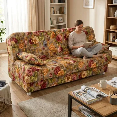 Produktbild von Schlafsofa SARA Poly – Englische Rosen, Webstoff in Braun, Family Meble, KI-generiertes Bild