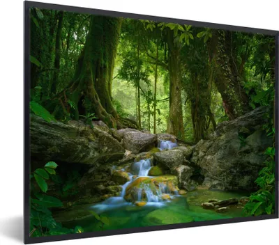 Produktbild von MuchoWow® Gerahmtes Poster Dschungel - Steine - Wasser - Natur - Pflanzen 80x60 cm - Poster mit Schwarzem Bilderrahmen Wandposter Rahmen Foto Bilder - Schwarzem - Mit Gestell
