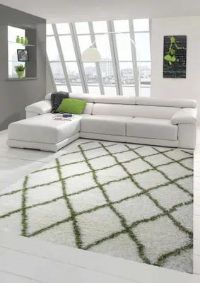 Produktbild von Shaggy Wohnzimmerteppich Hochflor Langflor Rautenmuster in Creme Grün Größe - 160x230 cm