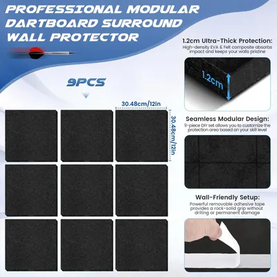 Produktbild von Dartscheiben-Wandschutzmatte - Wandplatten - 9-teilig - Selbstklebend - Filz - Schwarz