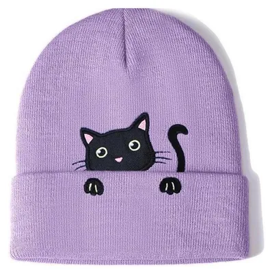 Immagine prodotto di Berretto da donna in maglia, motivo gatto, colore viola, modello beanie, cappello invernale