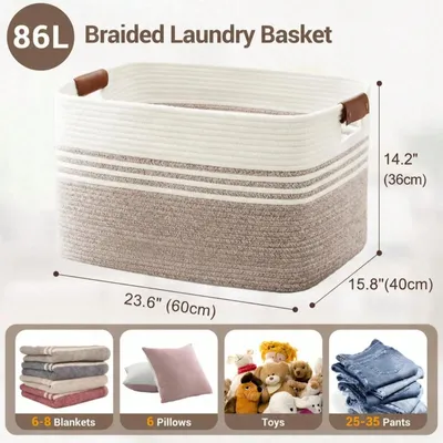 Produktbild von Wäschekorb - Rechteckiger Aufbewahrungskorb - 86 l - 60 x 40 x 36 cm - Baumwolle - Geflochtenes Seildesign - Ledergriffe - Mehrfarbig