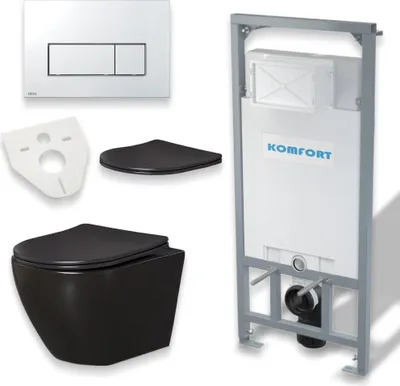 Zdjęcie produktu dla Zestaw WC: stelaż podtynkowy C201 + toaleta Slim Soft-Close Delos czarna + mata dźwiękochłonna + płytka montażowa w kolorze chrom