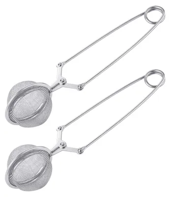 Produktbild von Tee-Ei aus Edelstahl mit Griff, wiederverwendbares Tee-Sieb mit Kugelverschluss und Zange für losen Tee, Kräuter und Gewürze.