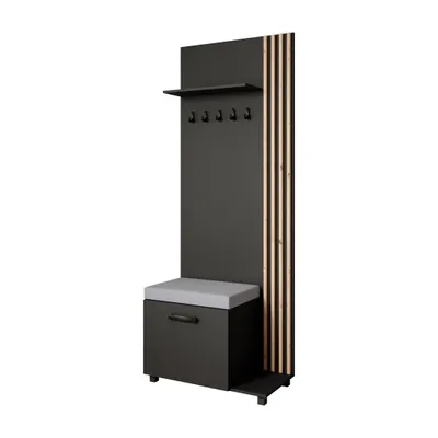 Produktbild von Garderobenschrank LIVIA Rechts Schwarz – Garderobe mit Kleiderhaken, Schuhschrank, Lamellen in Eiche, grauem Sitzkissen, Hochschrank, Flurmöbel