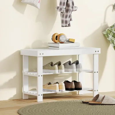 Produktbild von Sweiko Schuhbank Bambus mit 2 Ablagen, Sitzbank mit Stauraum, für Flur, 70x28x45 cm, Weiß
