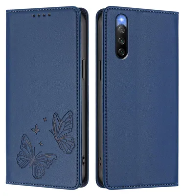 Image de Étui en cuir pour Sony Xperia 10 IV, motif papillon, étui à rabat avec porte-appareil photo, bleu foncé