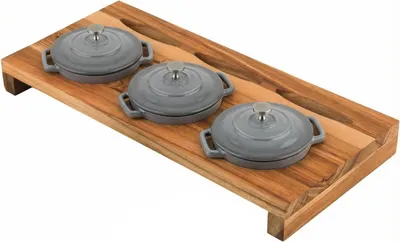 Produktbild von XANTEN Mini-Topf-Set, Durchmesser: 13 x 10 cm, Gusseisen, grau, inkl. Birkenholz-Tablett für 3 Mini-Töpfe
