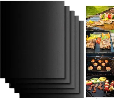 Produktbild von BBQ Grillmatten, 5er Set BBQ Grillmatte Antihaft Grill-und Backmatte Wiederverwendbar PFOA-Frei-Toll über Kohle, Gas und Weber Style Grills-Perfekt für Fleisch,Fisch und Gemüse 44x33 cm