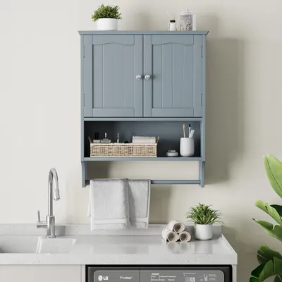 Image de Armoire de salle de bain avec porte-serviettes et 2 portes, de couleur gris clair, dimensions : 56,8 x 19 x 70 cm