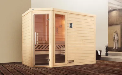 Produktbild von weka Premium Massivholz-Sauna TURKU Gr. 3 Sparset 7,5 kW BioS inkl. digitaler Steuerung x B x T x H x 245 x 195 x 205