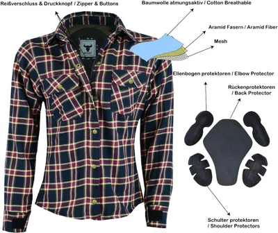 Damen-Motorradshirt im Lumberjack-Stil in Weinrot, Vorderansicht, BLD1200. Sorgfältig aus Baumwolle mit Polyester-Innenfutter gefertigt, mit Reißverschluss- und Knopfverschlüssen sowie Schulter-, Ellenbogen- und Rückenprotektoren.