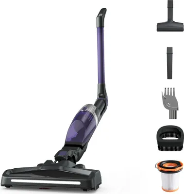 A cordless vacuum cleaner and its accessories are displayed against a white background.