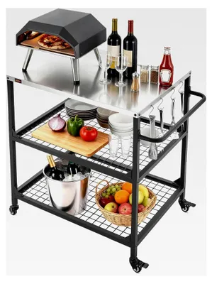 Produktbild von Grillwagen für den Außenbereich 80x61 cm (Tischplattengröße), mobiler Grilltisch mit seitlichem Griff, 2 Gitterablagen und 4 Rädern, Grillvorbereitungstisch für Picknick, Küche und Garten