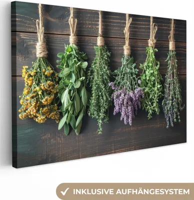 Produktbild von MuchoWow® - Leinwandbilder - Kräuter - Gewürze - Holz - Stilleben, Wandbild, Wanddeko Bilder Wohnzimmer, 90x60 cm